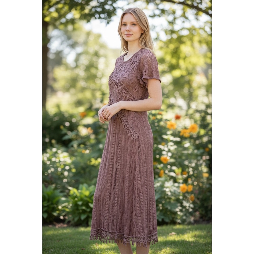 Women Taupe Crochet Knit Flapper Fringe 30s inspired Dress Floral Embroidery M